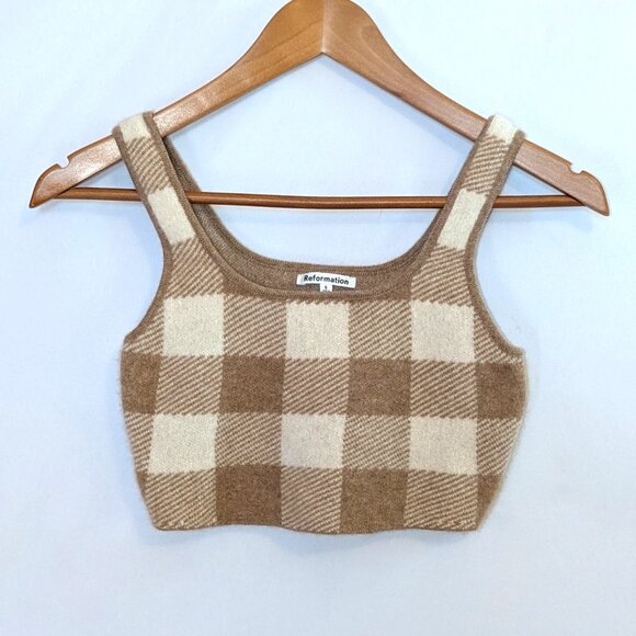 Reformation | Cashmere Fonte Plaid Cropped Tank Top Cream & Tan Gingham | Small - Picture 8 of 11